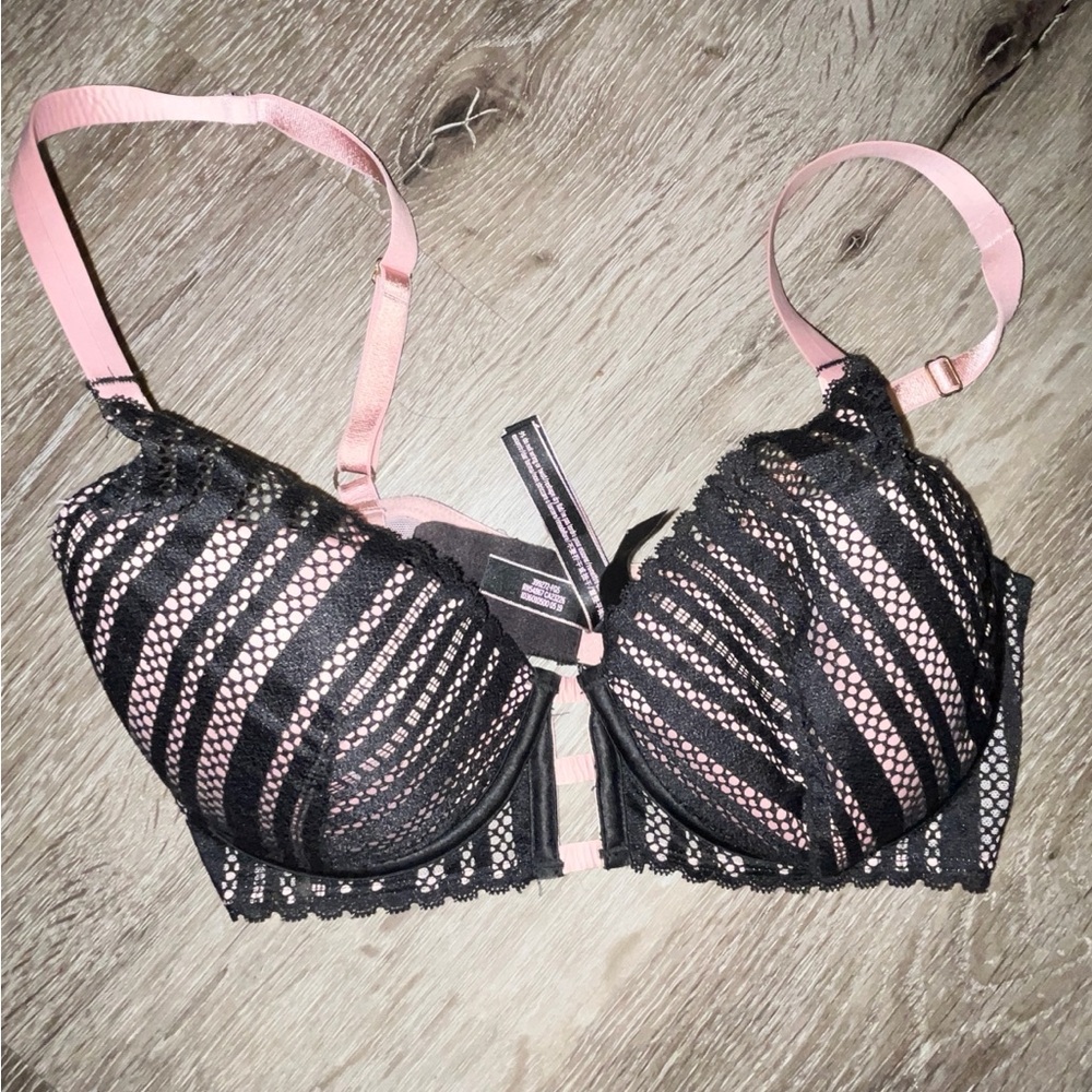Victoria's Secret Black and Pink Striped Lace Bra